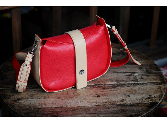 SASSY Crossbody - In Natural Milled Leather - Beige vs Red - GO82-3026